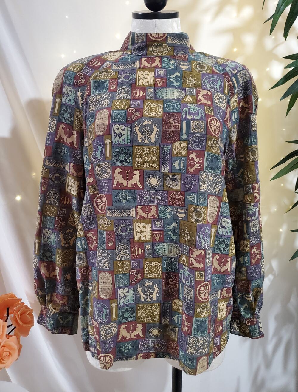 Silks VTG 80s 90s Egyptian Hieroglyph Long Sleeve Mock Blouse Womens Size M Top